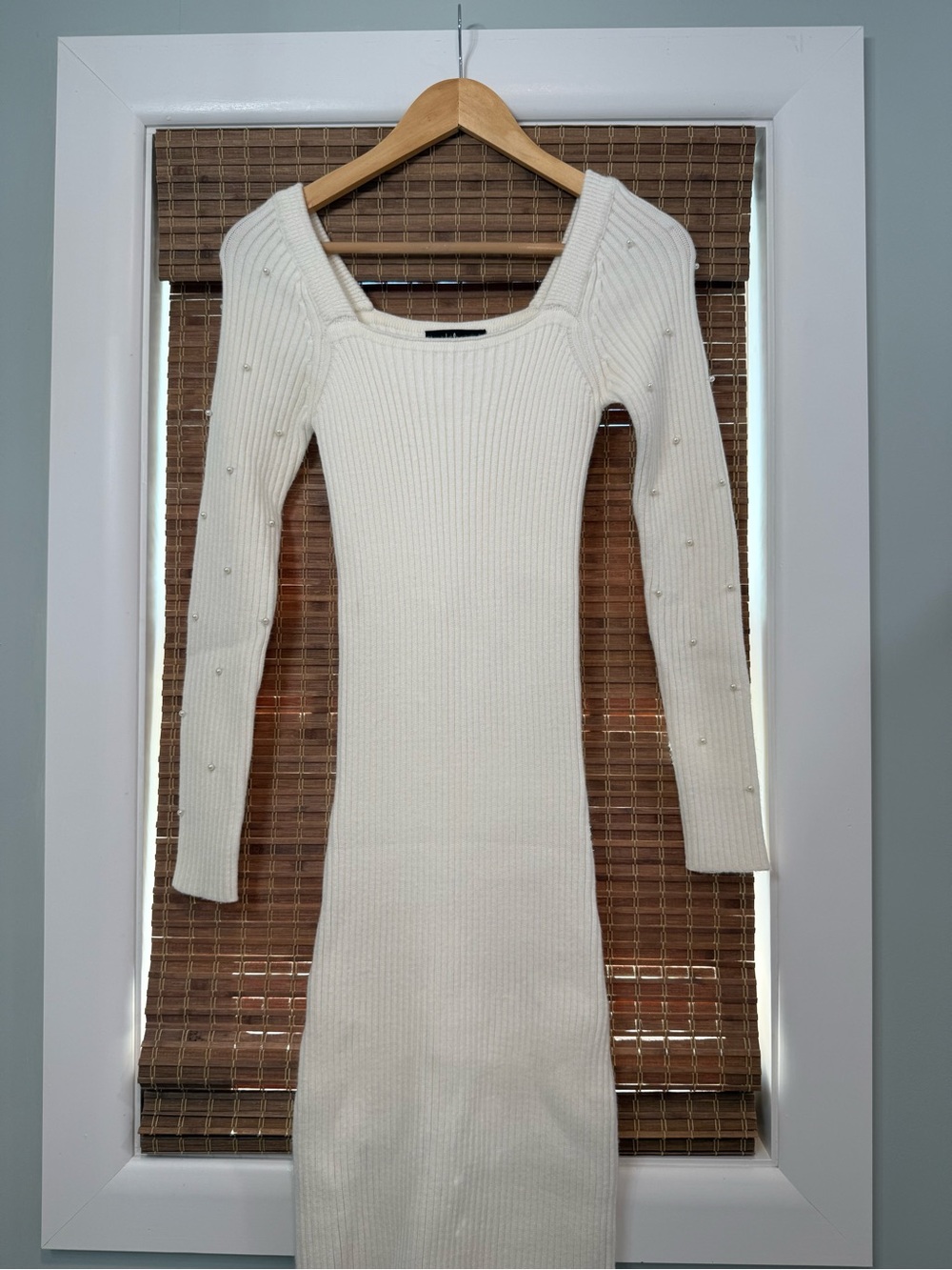 Lulu's Cream Ribbed Long Sleeve Sweater Dress with Pearl Details